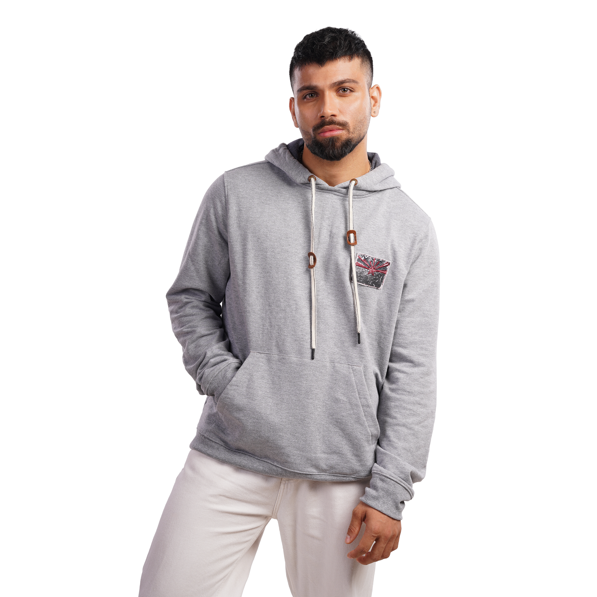 DZ Fleece knit Chest Embroidery Long Sleeve Hoodie With Pure Leather Accessories