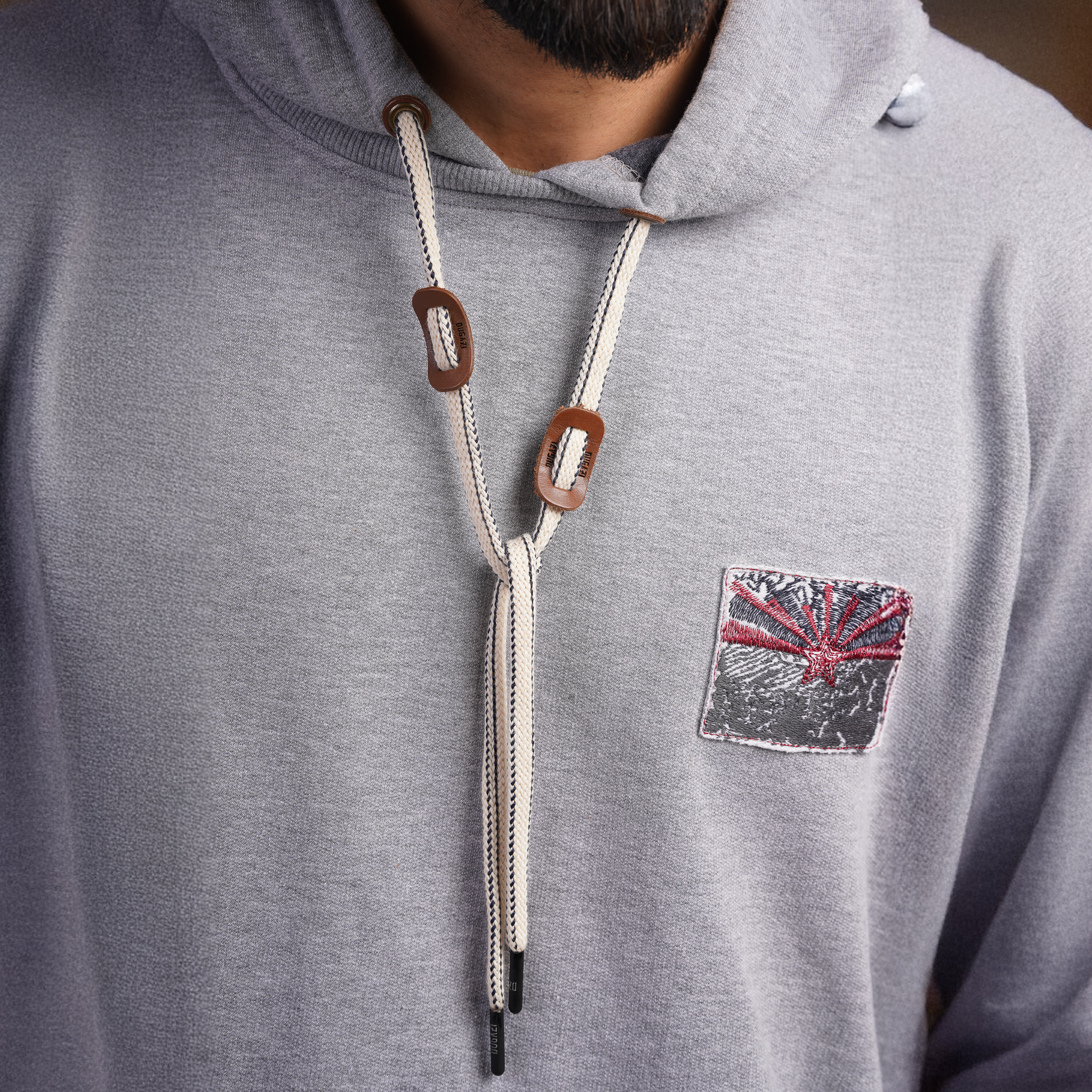 DZ Fleece knit Chest Embroidery Long Sleeve Hoodie With Pure Leather Accessories