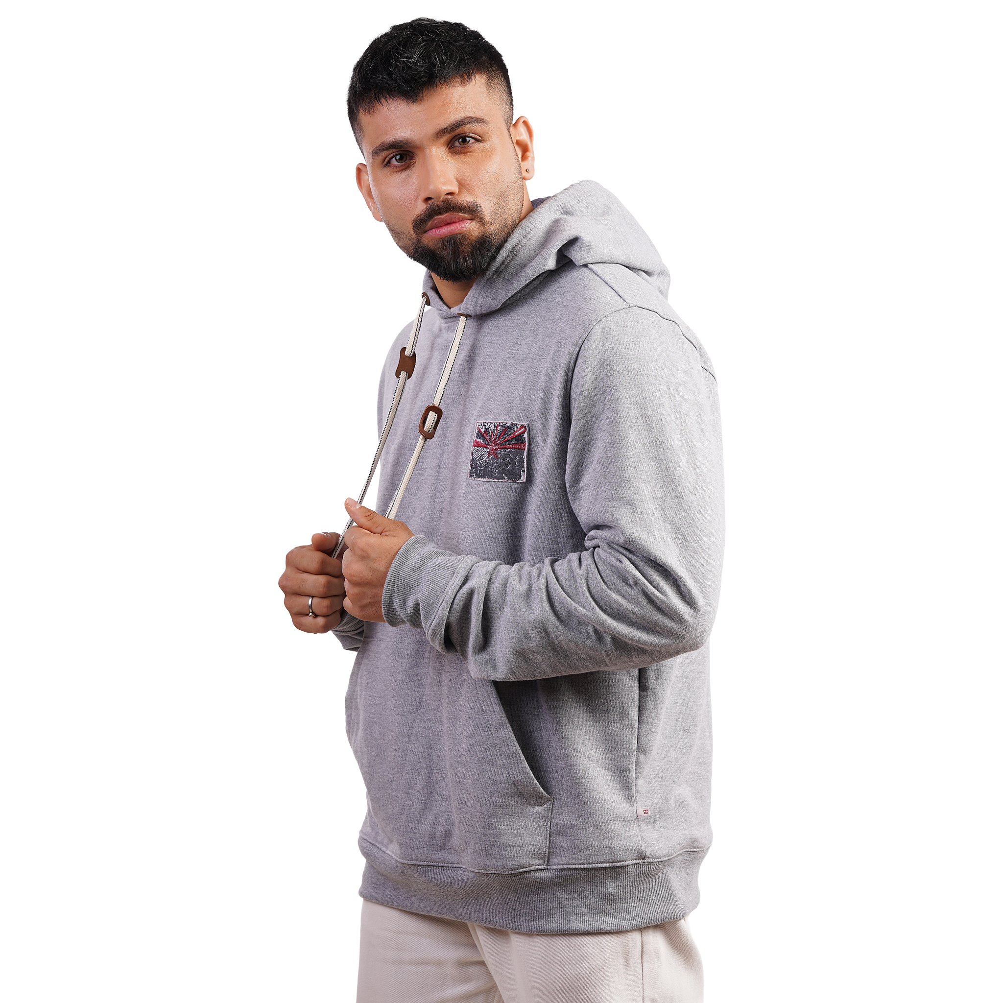 DZ Fleece knit Chest Embroidery Long Sleeve Hoodie With Pure Leather Accessories