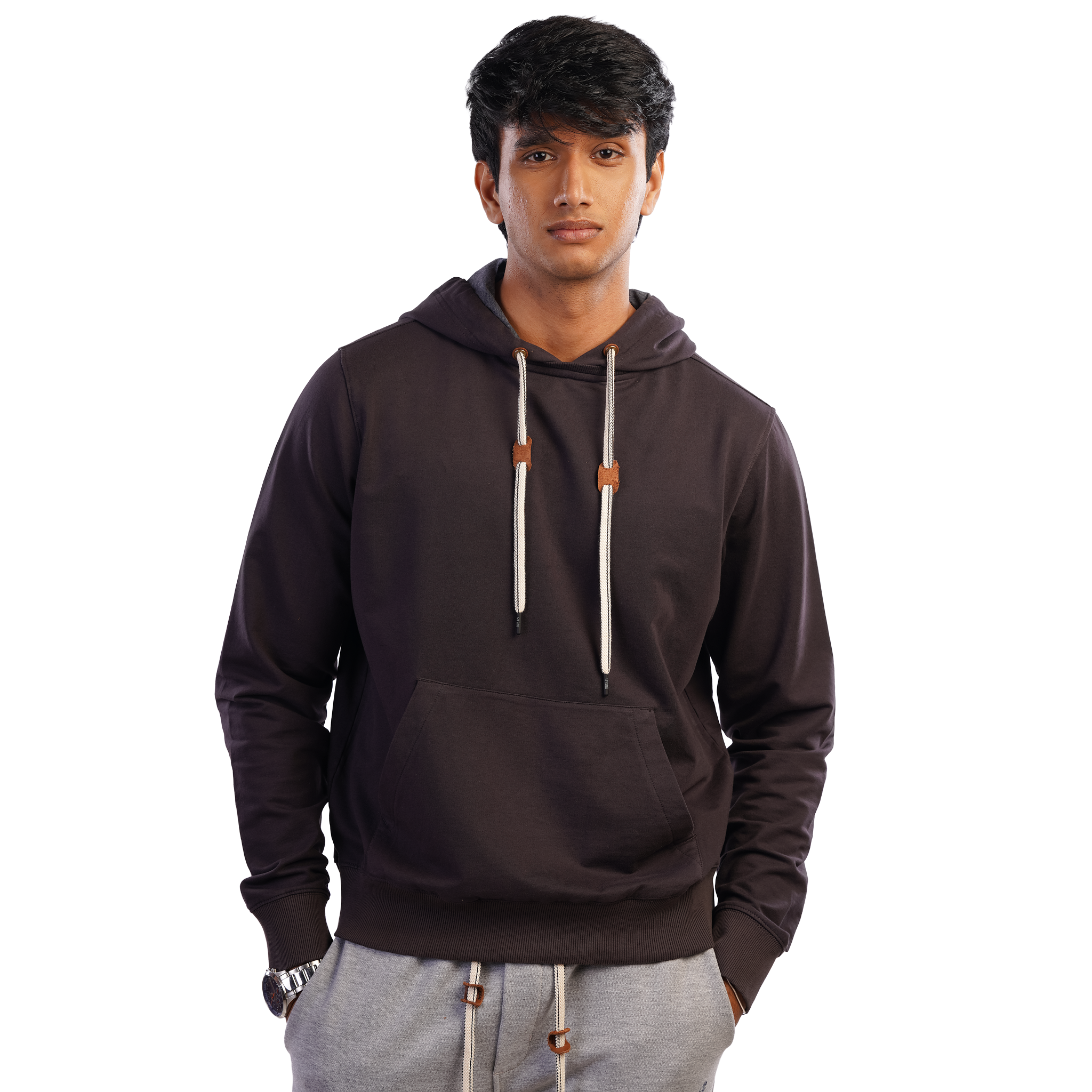 DZ Back Print Long Sleeve 100% cotton Hoodie With Pure Leather Accessories