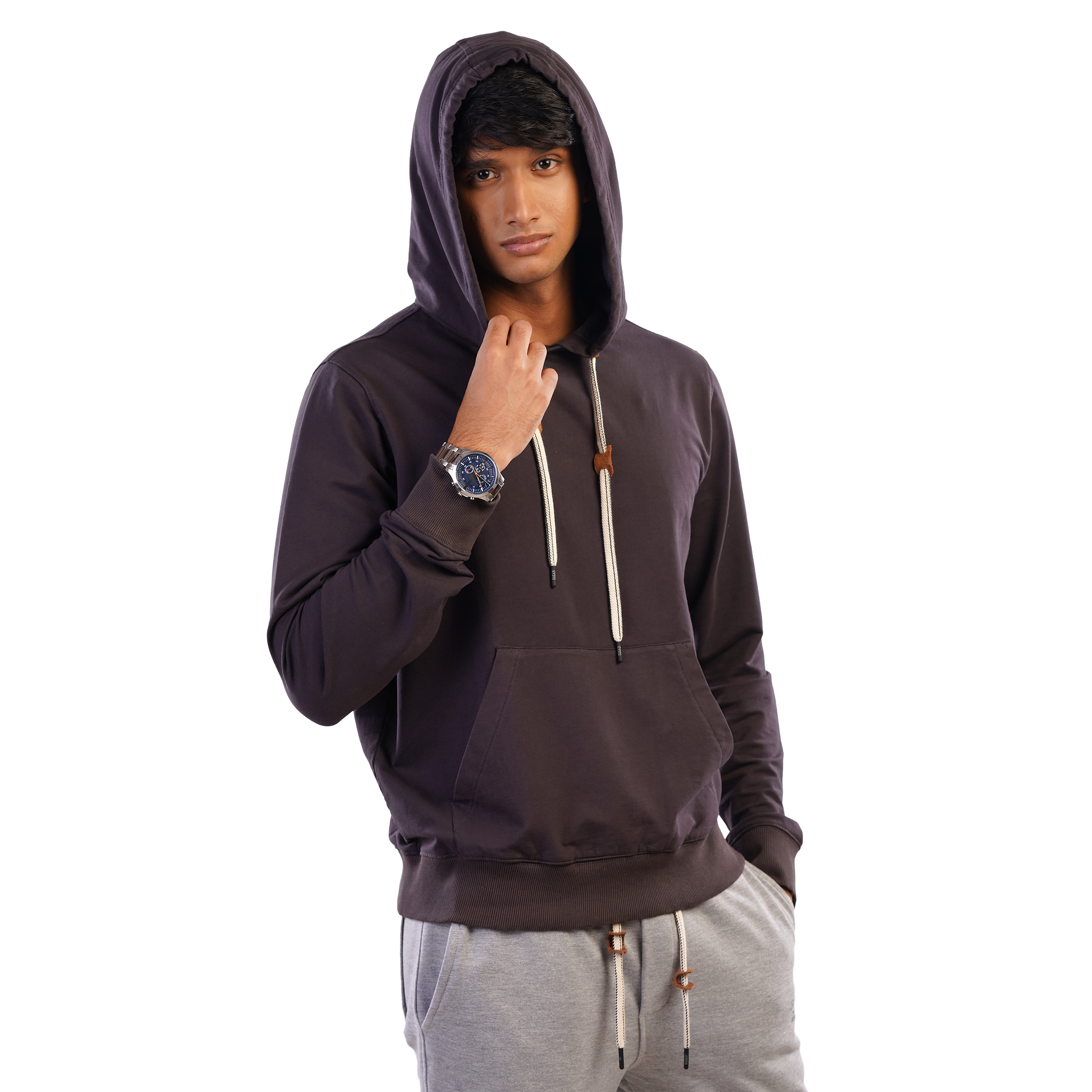 DZ Back Print Long Sleeve 100% cotton Hoodie With Pure Leather Accessories