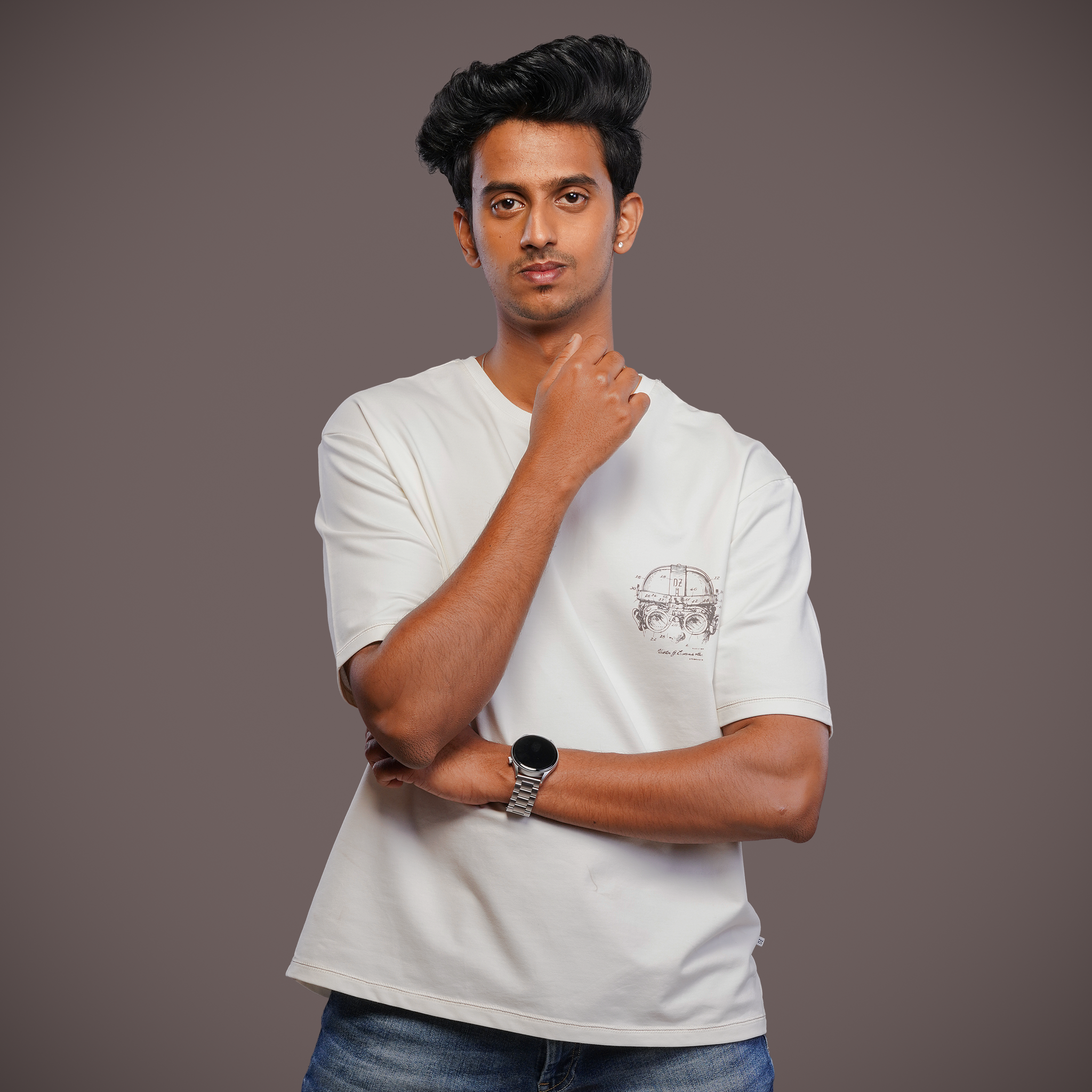 DZ Crew Neck Chest Print Oversized 100% cotton T-Shirt