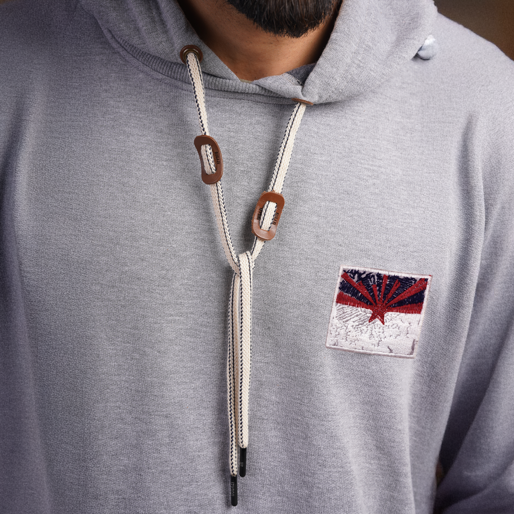 DZ Fleece knit Chest Embroidery Long Sleeve Hoodie With Pure Leather Accessories